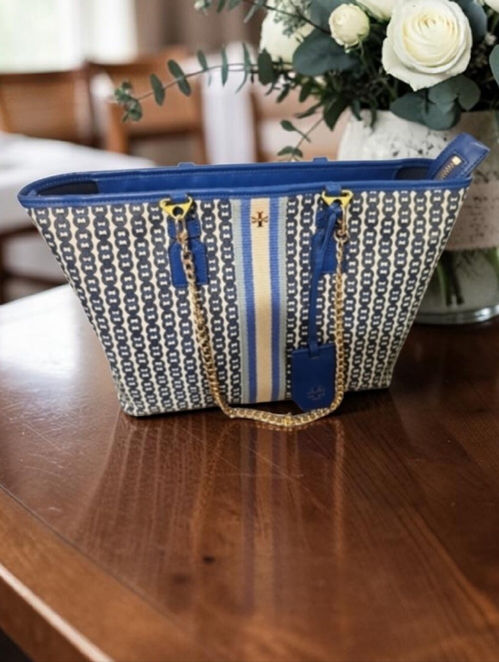 Tory Burch Gemini Link With Gold Chain Straps Blue and Cream Patterned Tote
